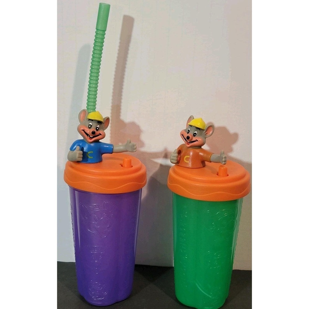 Chuck E Cheese (2) Souvenir Tumbler Cups Plastic 2006 Green‎ Purple Rare